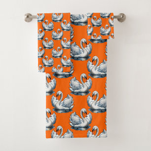 Swan Birds Pattern Design On Orange Bath Towel Set
