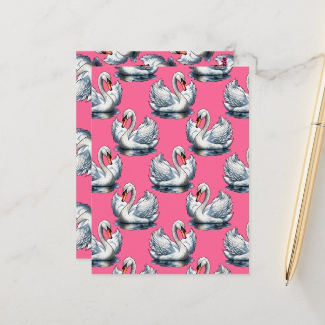 Swan Birds Pattern Design On Pink Postcard (Front/Back In Situ)