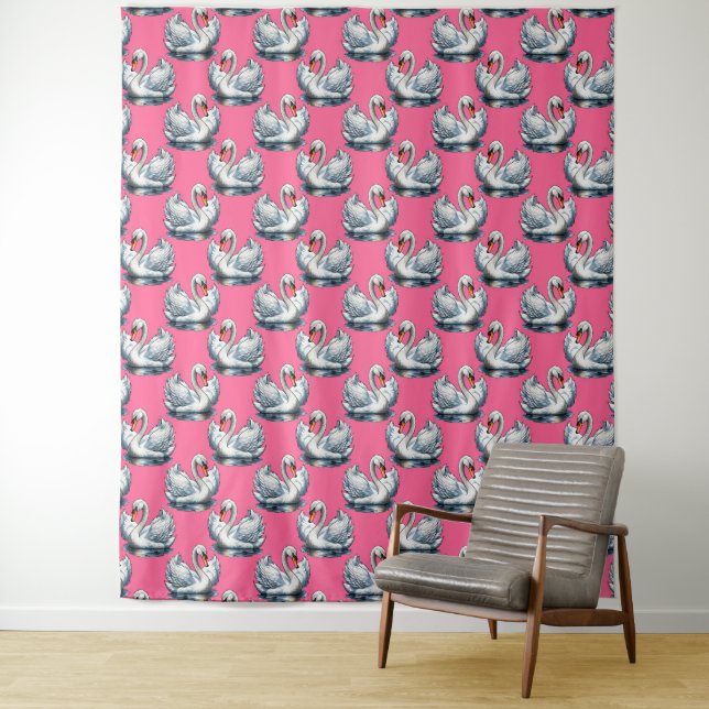 Swan Birds Pattern Design On Pink Tapestry (In Situ)