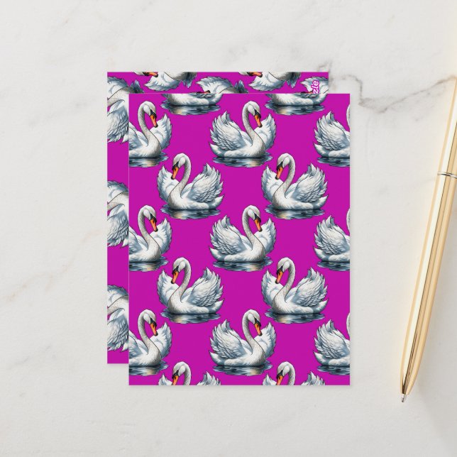 Swan Birds Pattern Design On Purple  Postcard (Front/Back In Situ)