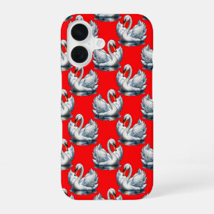 Swan Birds Pattern Design on Red iPhone 16 Case