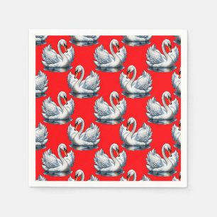 Swan Birds Pattern Design on Red Napkin