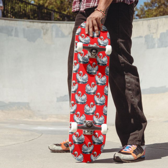 Swan Birds Pattern Design on Red Skateboard (Creator Uploaded)
