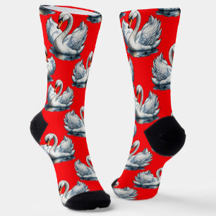 Swan Birds Pattern Design on Red Socks