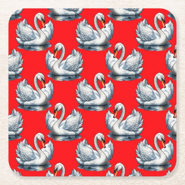 Swan Birds Pattern Design on Red Square Paper Coaster (Front)