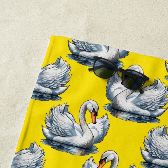 Swan Birds Pattern Design On Yellow  Beach Towel (In Situ)