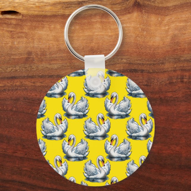 Swan Birds Pattern Design On Yellow  Keychain (Front)