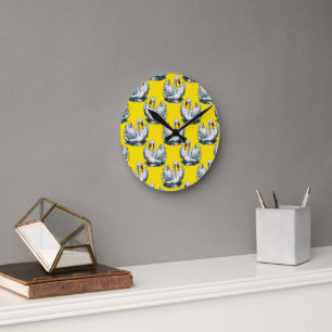 Swan Birds Pattern Design On Yellow  Round Clock