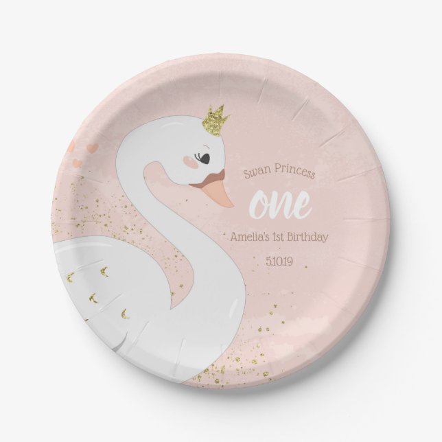Swan Birthday Party Paper Plate |  Pink and Gold (Front)