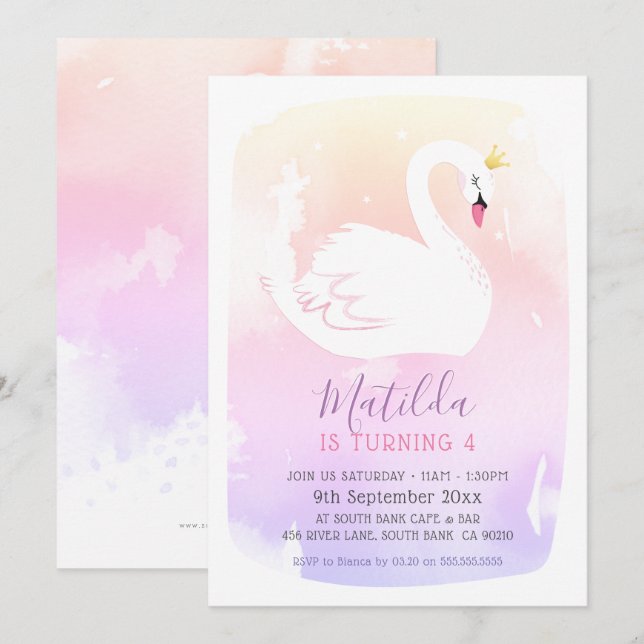 SWAN BIRTHDAY PARTY pretty elegant pastel rainbow Invitation (Front/Back)