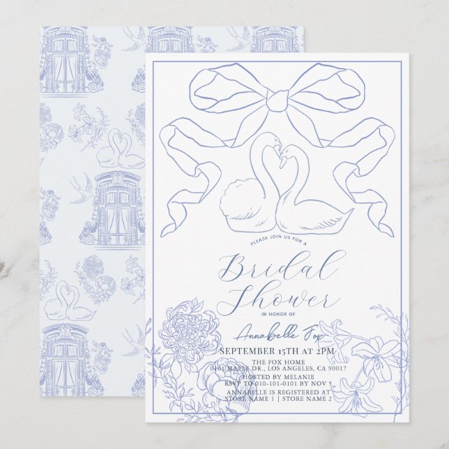 Swan Blue Toile de Jouy Bridal Shower Invitation (Front/Back)