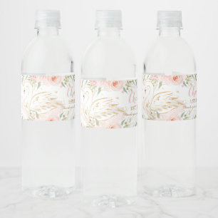 Swan Blush Floral Baby Shower Birthday Party Water Bottle Label