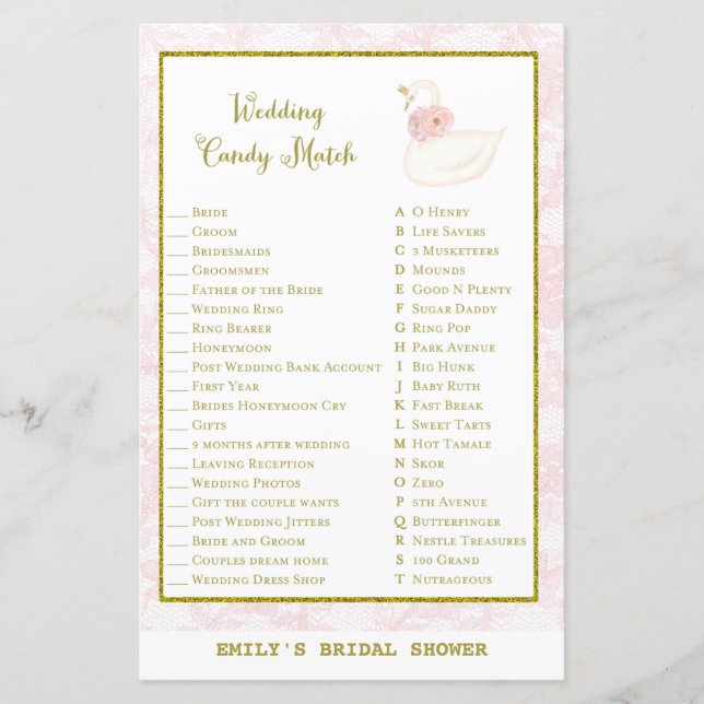 Swan Bridal Shower Game PRINTED (Front)