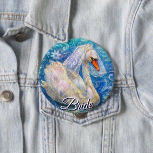 Swan Bride w/Veil on Water Blue White Personalized 4 Inch Round Button