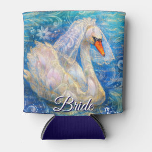 Swan Bride w/Veil on Water Blue White Personalized Can Cooler