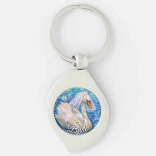 Swan Bride w/Veil on Water Blue White Personalized Keychain