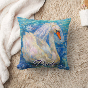 Swan Bride w/Veil on Water Blue White Personalized Throw Pillow