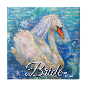Swan Bride w/Veil on Water Blue White Personalized Tile