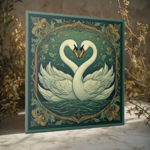 Swan Couple Art Nouveau Forest Green Wall Accent Tile