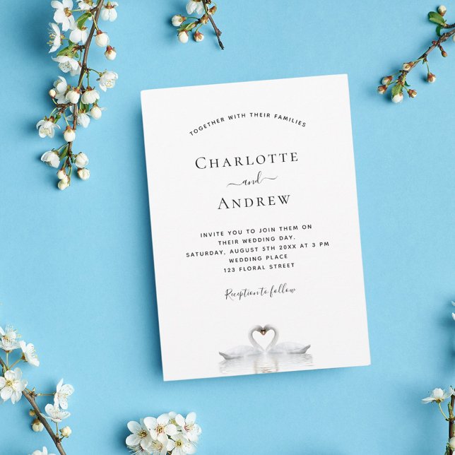 Swan couple in love white wedding invitation (Creator Uploaded)