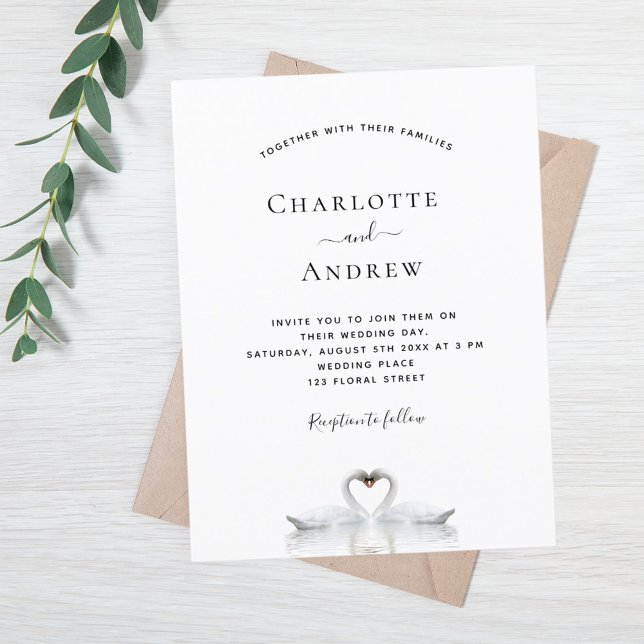 Swan couple in love white wedding invitation postcard (Creator Uploaded)