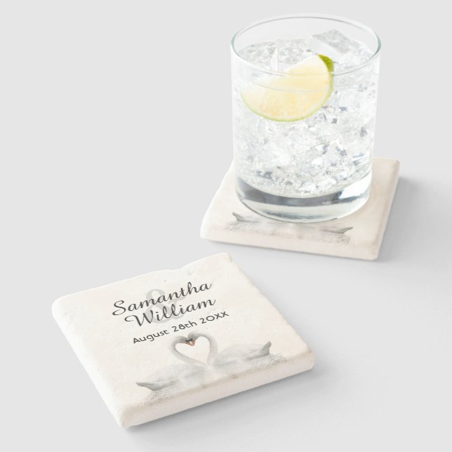 Swan couple love white wedding stone coaster (Side)