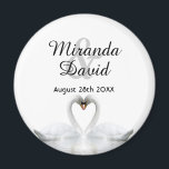 Swan couple names monogram wedding magnet<br><div class="desc">Two beautiful swans in love on a lake bending their heads toghether and forming a heart. White elegant background.  Template for your names and date. Black letters. 
A swan couple stay together for life,  so they are the perfect symbol of love.</div>