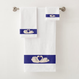 Swan Couple on Navy Blue & White Bath Towel Set