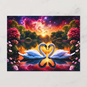 Swan couple Valentine heart under a starry nebula Postcard