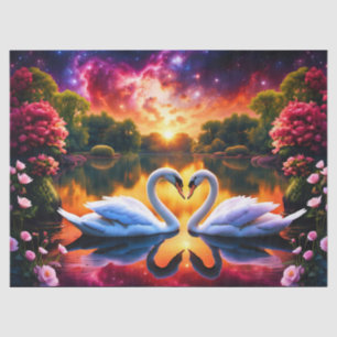 Swan couple Valentine heart under a starry nebula Tissue Paper