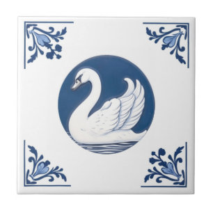Swan Delft Blue and White Floral Corners Bird Tile
