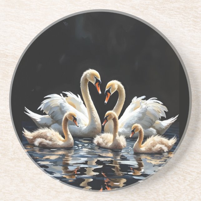 Swan Family on Black Lake Artwork Coaster (Front)
