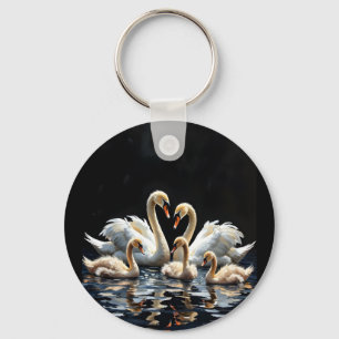 Swan Family on Black Lake Artwork Keychain