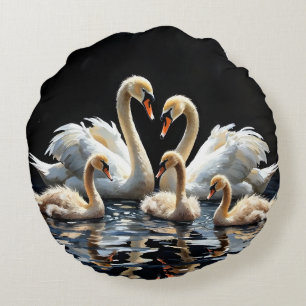 Swan Family on Black Lake Artwork Round Pillow