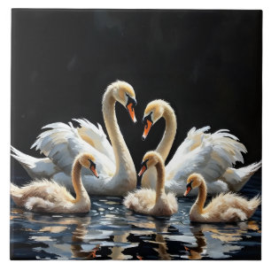 Swan Family on Black Lake Artwork Tile