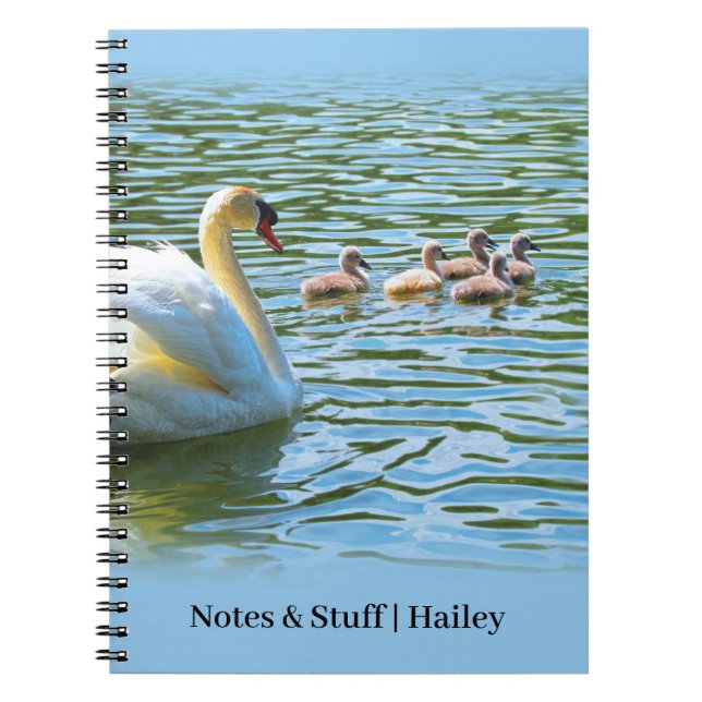 Swan Family on Lake Blue Personalized Notebook (Front)