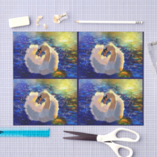 Swan Floating on Sunlit Water Blue White Decoupage Tissue Paper