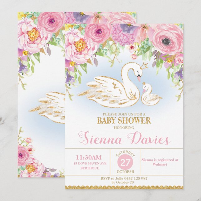 Swan Floral Baby Shower Invitation Girl (Front/Back)