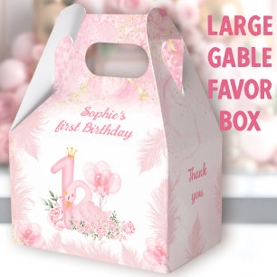 Swan Floral Feather Pink 1st Birthday Large Gable Favor Box