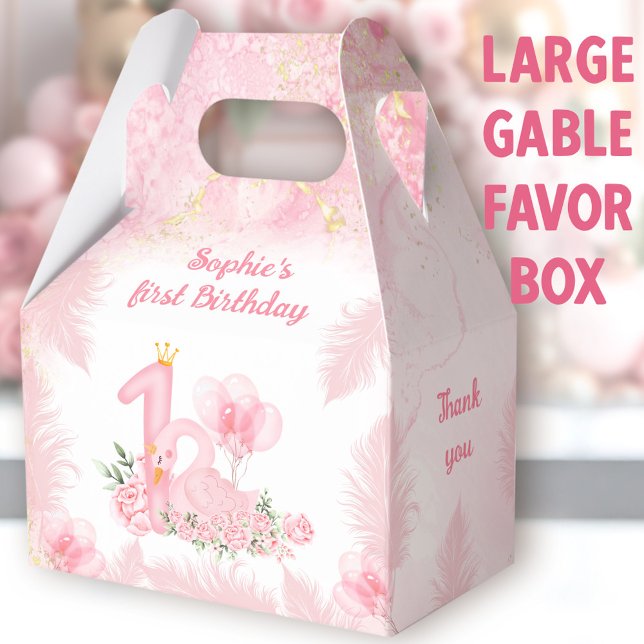 Swan Floral Feather Pink 1st Birthday Large Gable Favor Box (Swan large gable favor boxes. You can choose from 3 sizes of these gable favor boxes.)