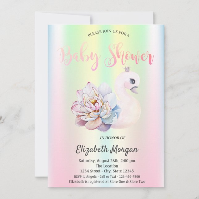  Swan Flower Iridescent Holographic Baby Shower Invitation (Front)