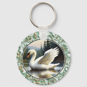 Swan Glides Gracefully on Lake Keychain