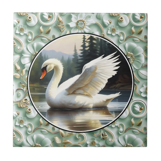 Swan Glides Gracefully on Lake Tile (Front)