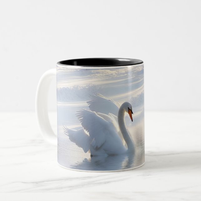 Swan in Snow Beautiful Two-Tone Coffee Mug (Front Left)