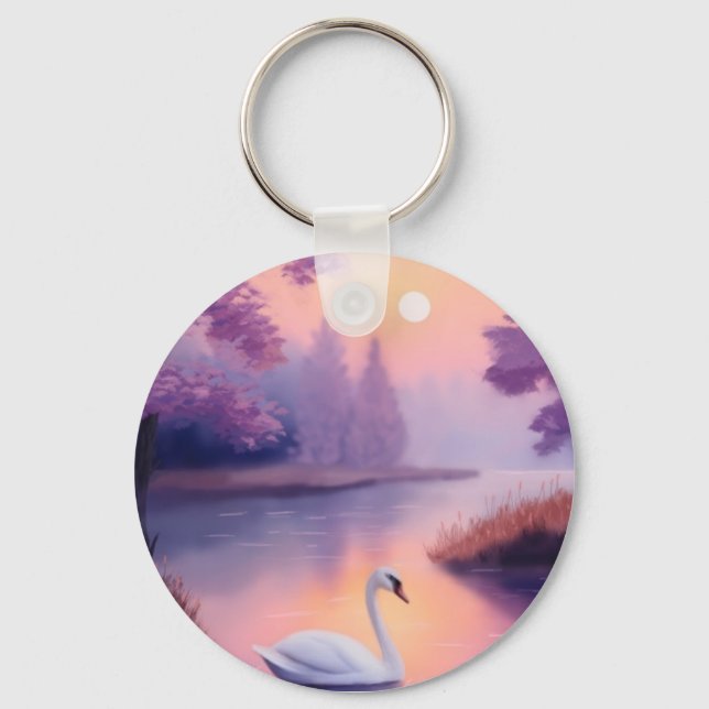 swan in the pond during sunset keychain (Front)