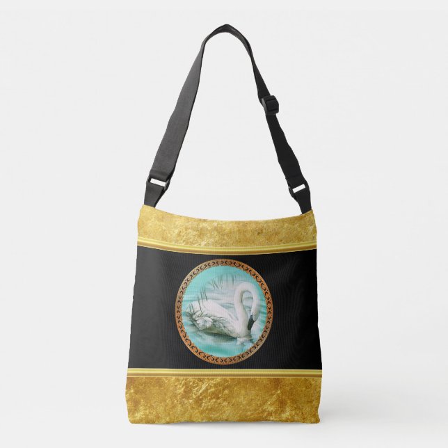 Swan in turquoise water with Gold and black design Crossbody Bag (Front)