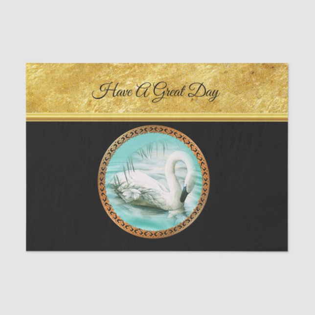 Swan in turquoise water with Gold and black design Tissue Paper (Front)
