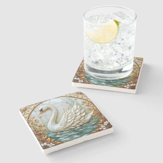  Swan Jewel Tones Stained Glass #1 Stone Coaster (Side)