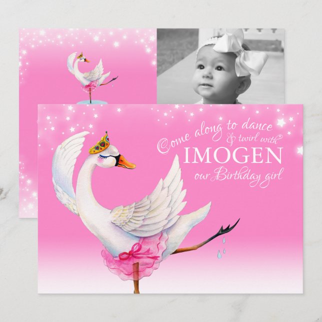 Swan lake ballet first birthday pink invitations (Front/Back)