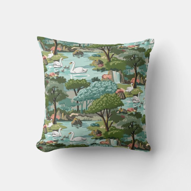 Swan Lake Retro Style Paint by Number Throw Pillow (Front)